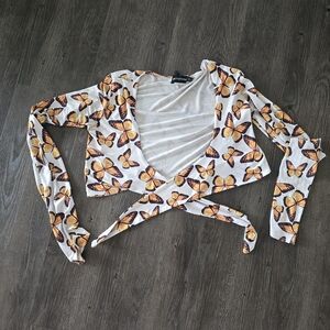 PrettyLittleThing Orange Butterfly Wrap Top